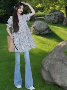 Sweet French Style Floral Print Mini Dress Womens Summer Short A-Line Skirt School Uniform Bubble Sleeve Dresses Korean Style