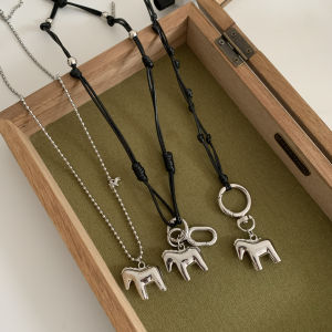 Silver Horse Pendant Long Necklace Black Leather Rope Titanium Steel Clavicle Chain Fashion Jewelry Sweater Chain for Adults