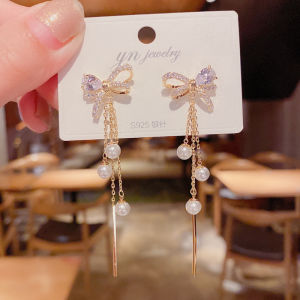 Yimuo Brand New S925 Silver Needle Earrings with Embellishments of Ultra-Fine Zirconia and Pearl Tassels for Women Fashionable and Slimming