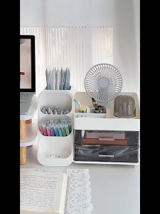 กล่องเก็บเดสก์ท็อป ชั้นวางของแต่งหน้า ตู้เก็บเครื่องสำอาง 3 ชั้น ความจุเยอะ กล่องเก็บเครื่องเขียน กล่องจัดเก็บเครื่องสำอางสำหรับโต๊ะเครื่องแป้ง กล่องลิ้นชักกันฝุ่นอเนกประสงค์สำหรับสกินแคร์ ลิปสติก อุปกรณ์เขียนคิ้วและอายไลเนอร์