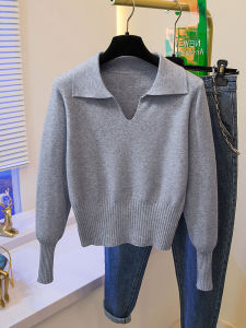 K-style Gray Polo Collar Knitting Bottoming Shirt Womens Autumn and Winter Small Stylish V Neck Sweater Inner Wear Blouse