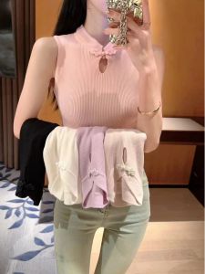 Pink New Chinese Style Stand Collar Sleeveless T-Shirt Women Summer Wear Waist Cinched Crop Top Outerwear Knitted Short Length
