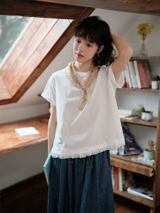 Pure Cotton Short Sleeve T-shirt for Women Casual Artistic Japanese Style Collarless Crewneck Summer Clothing