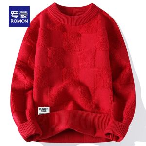 ROMON | Lormen Mens Thickened Red Sweater Round Neck Knitted Base Layer Winter Warm Casual Loose Fit Polyester Nylon Acrylic Blend