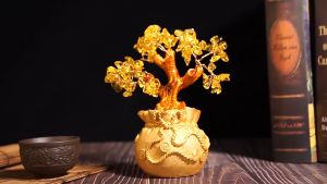 Crystal Money Tree Ornament Golden Tree Feng Shui Lucky Citrine Money Wealth Tree Allday Everyday Luxury Home Decor