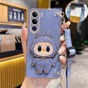 Phone Case VIVO V40 Lite Y19s Y200 5G 4G Cute Cartoon Makeup Mirror Bracket Casing with Lanyard Lens Protection Shockproof Soft Back Cover 2025