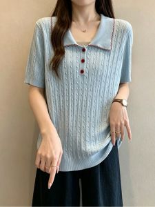 Polo Collar Mesh Short Sleeve T-shirt Slim Fit Big Size Womens Summer Top