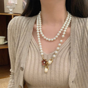 French Vintage Baroque Pearl Necklace Womens Luxury Long Sweater Chain Multi-layer Flower Neck Chain Fashion Jewelry Accessory