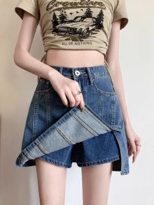 กระโปรงยีนส์สั้นเอวสูงสีน้ำเงินเข้มสำหรับผู้หญิง ฤดูร้อน 2024 กระโปรงทรงเอเข้ารูป เอวสูง กระโปรงสั้นทรงเอ กระโปรงสั้นเข้ารูป