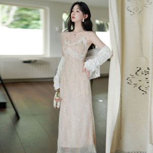 French Gentle Style Open Cardigan Strap Dress Two-Piece Set Summer V-Neck Slim Fit Long Skirt Soft Linen Material Party Dress