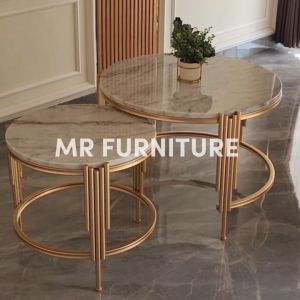 meja nesting stalaktit gold top marmer putih carrara