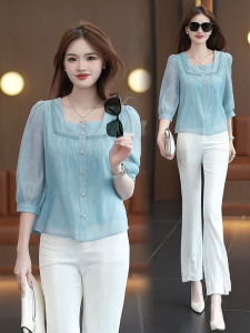 Early Autumn New Arrival Three-Quarter Sleeve Square Collar Shirt for Women Loose Belly-Covering Slimming Sense of Design French Tops All-Matching Shirt