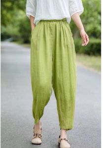 กางเกงขายาวทรงหลวมเอวยางยืดสำหรับผู้หญิง ทรงสลิมฟิต 2 ชั้น ทรงฮาเร็ม ผ้าลินินบาง ฤดูร้อน 2025 กางเกงขายาวทรงหลวมสบาย ๆ สำหรับผู้หญิง