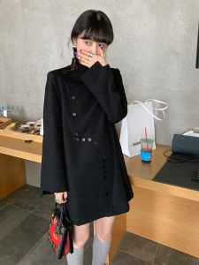 Elegant Black French Draped Dress Womens Fashion Spring Autumn Winter Polyester Fiber H-Line Midi Skirt Single-Breasted Multi-Dot