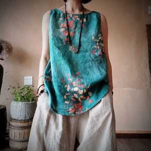 Summer Vest for Women Loose Slim Looking Artsy Retro Ethnic Print Zen Outwear Thin Top Bottoming Sling Tide