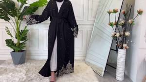 Dubai Luxury Open Abaya Grey Black Lace Embroidery Belt Long Cardigan Kimono Islamic Modest Wear Muslim Women Robe