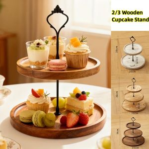 2/3 Acacia Wood Multi-layer Cupcake Stand Tiered Tray Multi Layer Fruit Tray for Graduation Party Birthday Wedding Display
