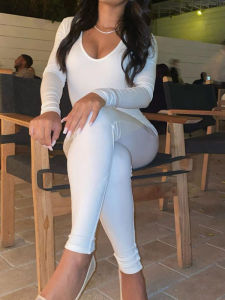 กางเกงเดรสแขนยาวทรงสลิมฟิตสีพื้น กางเกงขายาวลำลองสำหรับผู้หญิง สไตล์สตรีท วันพีซสีพื้น ฤดูร้อน 2025