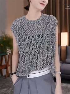QINGNAER | Lazy Old Money Fashion Retro Summer Gray Hollow Round Neck Sleeveless Knitted Vest