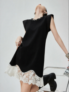 XIAODADEHUA | Black Princess Lace Patchwork Flared Sleeves A-line Dress