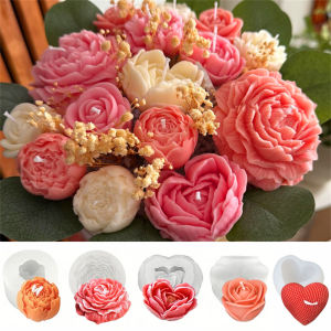 5PCS Floral Silicone Mold Set 3D Peony Rose Heart Flower Mold for Scented Candles Clay Gypsum DIY Bouquet Valentines Day Decor
