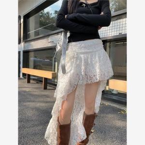 Y2K กระโปรงลูกไม้สไตล์แอ๊บบี้แบบไม่สม่ำเสมอสำหรับผู้หญิงกระโปรงสั้นทรงเค้กทรงเอเอวสูงใส่แล้วดูผอมเพรียวสำหรับคนตัวเล็กกระโปรงกางเกง