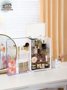 Nearra White Portable Makeup Storage Box With Cover Desktop Cosmetics Waterproof Box Dustproof Organizer