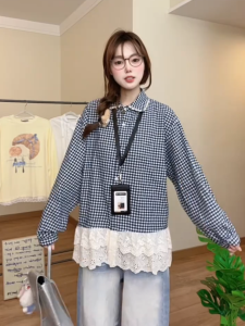 Áo Sơ Mi Kẻ Caro Dáng Rộng Cỡ Lớn Cho Nữ Cổ Búp Bê Áo Lót Giả Phong Cách Mới Mùa Thu Dáng Rộng Giảm Béo Áo Lót