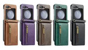 szhaiyu | Luxury Lanyard Leather Zipper Wallet Card Solt Case For Samsung Galaxy Z Flip 8 7 6 5 4 3 7FE Flip Kickstand Crossbody Cover