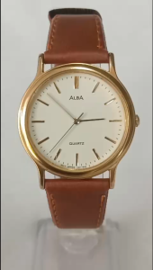Đồng hồ ALBA Nữ Dây da Vỏ thép mạ vàng Máy quạt nhật . kính đá safia .Đã qua sử dụng