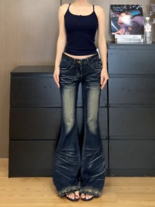 Retro American Frayed Hem Bell Bottom Jeans Womens Spring Autumn Style Slimming Low Waist Denim Pants High Street Fashion