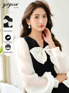 Yigue | Hepburn Style Womens Dress Spring Autumn New Bubble Sleeve Bow Contrast Colors