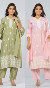 DEBAYU Readiprint Embroidered Mul Chanderi Kurti (with Lining) with Bottom & Dupatta Set Size S to XXL Malaysia