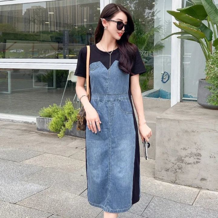 Niceaay 2023 Summer Plus Size 80kg Fashion Casual High Sense Western Style  Youthful Looking Temperament Fake Two Piece Denim Dress for Women