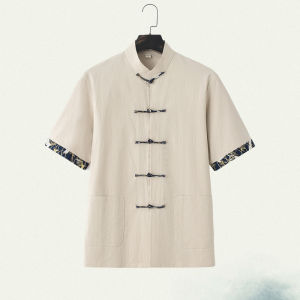 Xutang Mens Casual Loose Fit Short Sleeve Shirt Black Lightweight Comfortable Cotton Linen Fabric Youth Autumn Fashion