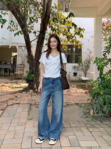 NIHAOKANONG | Quần Jeans Dài Rộng Thẳng Cao Cổ Phong Cách Retro
