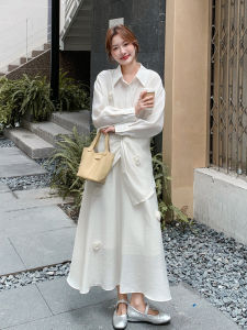 Milk White Korean Style Unique Beautiful Set Womens 2025 Autumn New Shirt Half Skirt Two Piece Set Casual A-Line Skirt