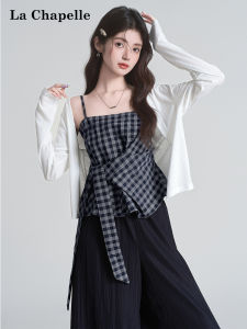 La Chapelle | Irregular Plaid Design Sleeveless Top Set Sun Protection Jacket Dungaree Vest Wide Leg Trousers
