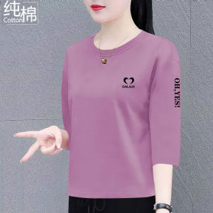 Pure Cotton Ladies T-Shirt Casual Loose Seven-Quarter Sleeve round Neck Summer New Style Korean Version Slimming Top