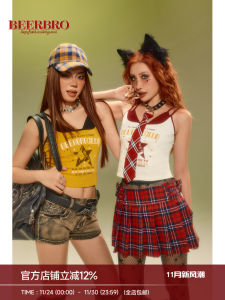 เสื้อกั๊กแขนกุดสีบล็อก BeerBro สำหรับผู้หญิง ฤดูร้อน 2024 ใหม่ สไตล์อเมริกัน วินเทจ เสื้อผ้าทำงานแขนกุดแบบลำลอง