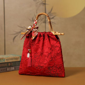 Red New Chinese Style Bride Bag Wicker Weaving Bamboo Node Handbag for Cheongsam Wedding Dress Soft Foldable Shoulderless Bag