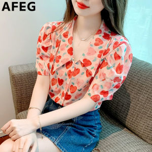 AFEG Korean version doll collar fashion loose vintage print chiffon bubble sleeve blouse for women