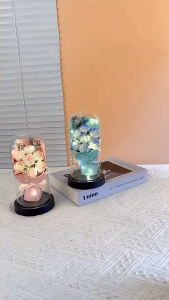 Keranixy Eternal Flowers Bouquet with Light Glass Cover Rose Carnation Birthday Graduation Wedding Valentines Day Gift