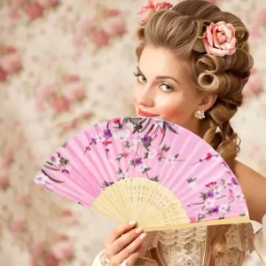 Japanese Floral Finesse Folding Fan/Pamaypay Fabric handheld dance fan Vintage Wooden  HIEM