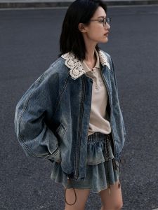 xocoboho | Chic Versatile Blue Lace Collar Denim Jacket