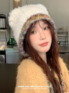 หมวกไหมพรมหูหมีน่ารักสำหรับผู้หญิง ฤดูใบไม้ร่วง/ฤดูหนาว หมวกไหมพรมหูหมีสีสันสดใส ผ้าคลุมหู หมวกไหมพรมทรงกลม หมวกไหมพรมผ้าฝ้าย