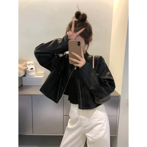 Black Short Leather Jacket Womens 2024 Spring Autumn New Style Unique Super Beautiful Motorcycle Jacket Small Size