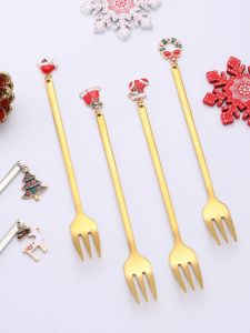 304 Stainless Steel Christmas Fork Santa Fork Dessert Creative Fruit Fork Golden Set Christmas Tree Gift