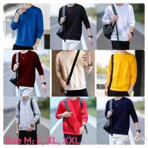 Bisa COD Sweater Keren Kaos Pria Polos Lengan Panjang Crewneck Trendy Sweatshirt Elegan Sweter Kece