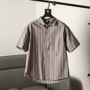 Summer New Mens Casual Cotton Shirt Washed Short Sleeve Striped Breathable Loose Fit Youthful Style Daily Wear Vintage Japanese
